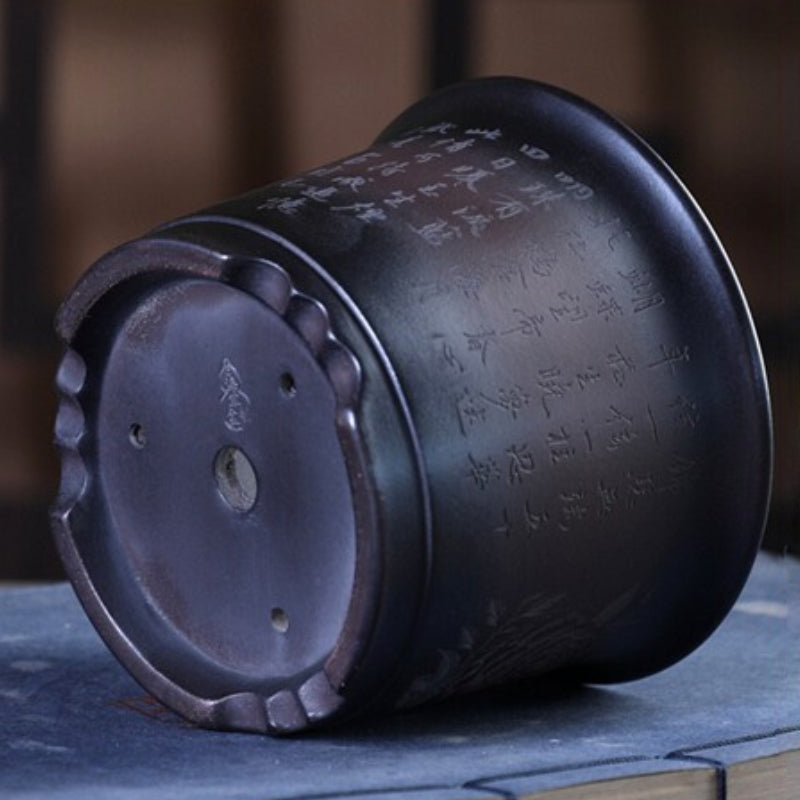 3.9 inch (10.1cm) Wide 3 inch (7.7cm) Deep Small Round Black-Brown Gradient Semi Cascade Bonsai Pot Bottom Outside View
