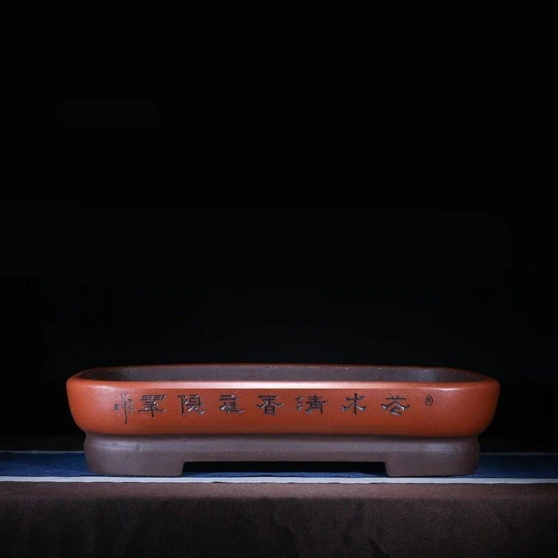 30.3 inch Extra Large Dual-Tone Bonsai Pot with Calligraphy Detailing Reddish Brown Color