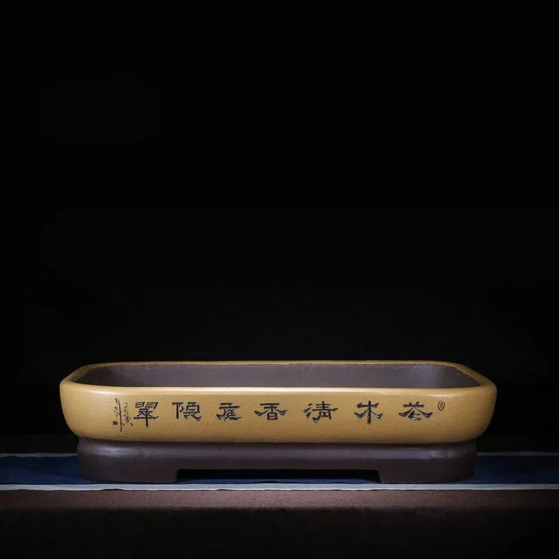 30.3 inch Extra Large Dual-Tone Bonsai Pot with Calligraphy Detailing Reddish Yellow Color