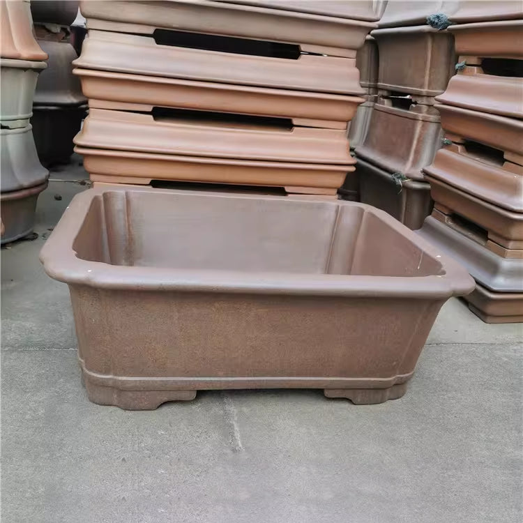 31.8 inch (81cm) Extra Large Rectangular Scalloped Corner Wood-Fired Finish Deep Bonsai Pot