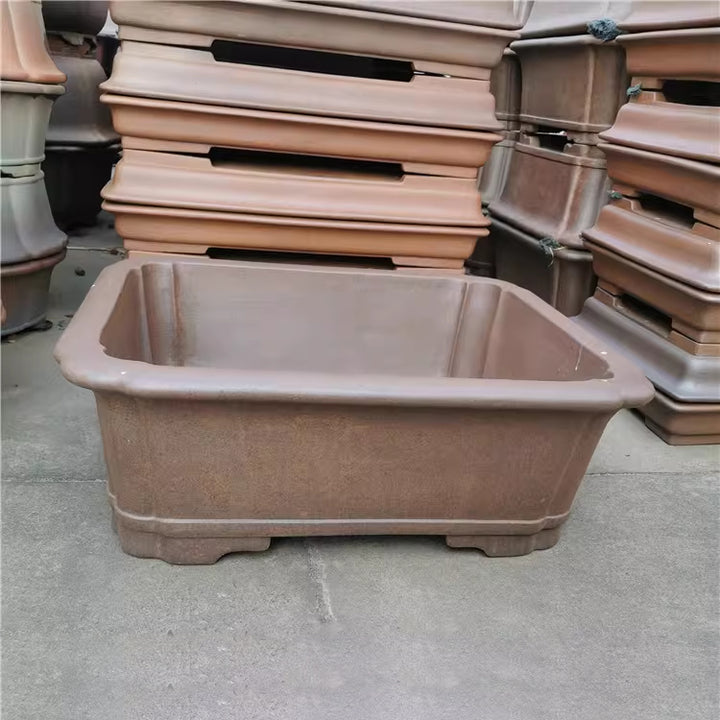 31.8 inch (81cm) Extra Large Rectangular Scalloped Corner Wood-Fired Finish Deep Bonsai Pot