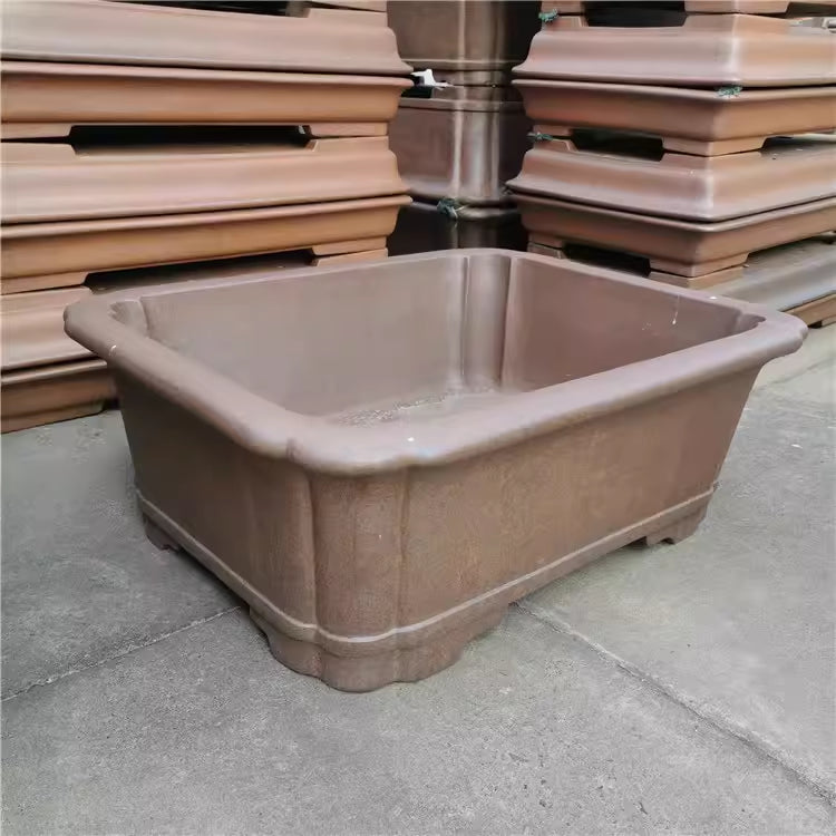 31.8 inch (81cm) Extra Large Rectangular Scalloped Corner Wood-Fired Finish Deep Bonsai Pot Corner View