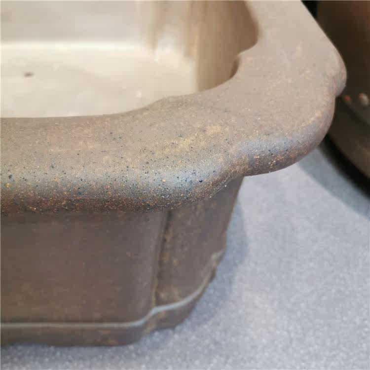 31.8 inch (81cm) Extra Large Rectangular Scalloped Corner Wood-Fired Finish Deep Bonsai Pot Corner View Close Shot