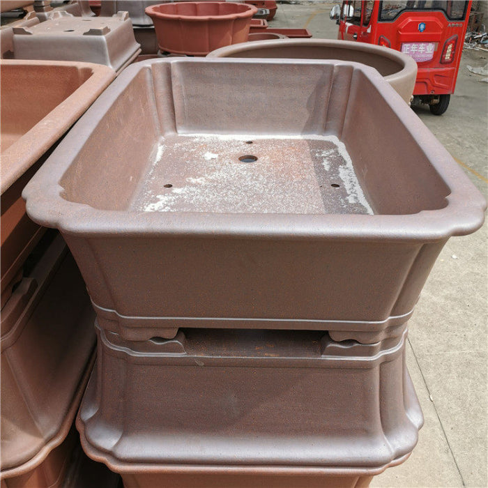 39.3 inch (100cm) Extra Large Scalloped Corner Rectangular Wood-Fired Finish Bonsai Pot Corner View Top View