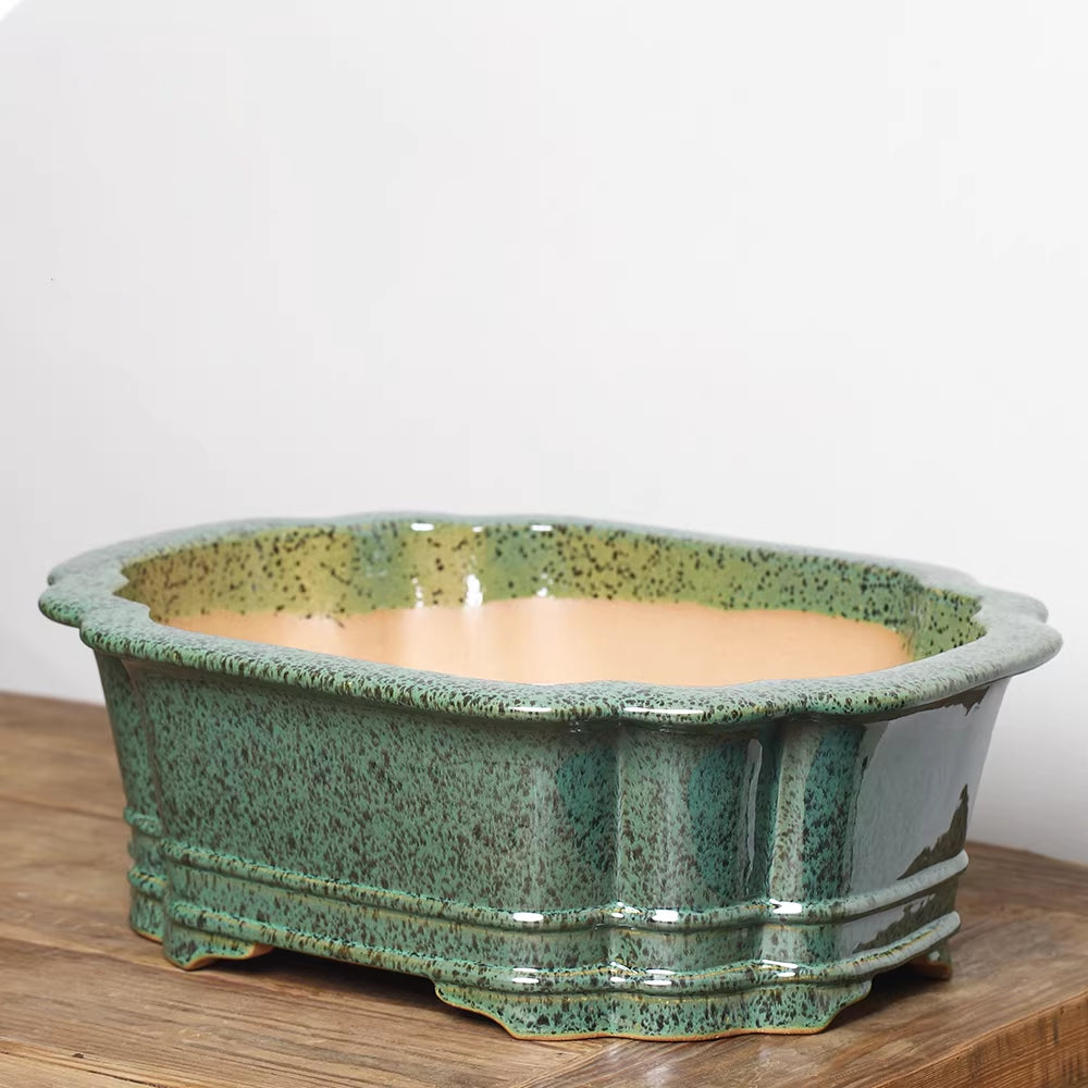 14.7" (37.5cm) Large Scalloped Oval High-Temp Green Glazed Bonsai Pot