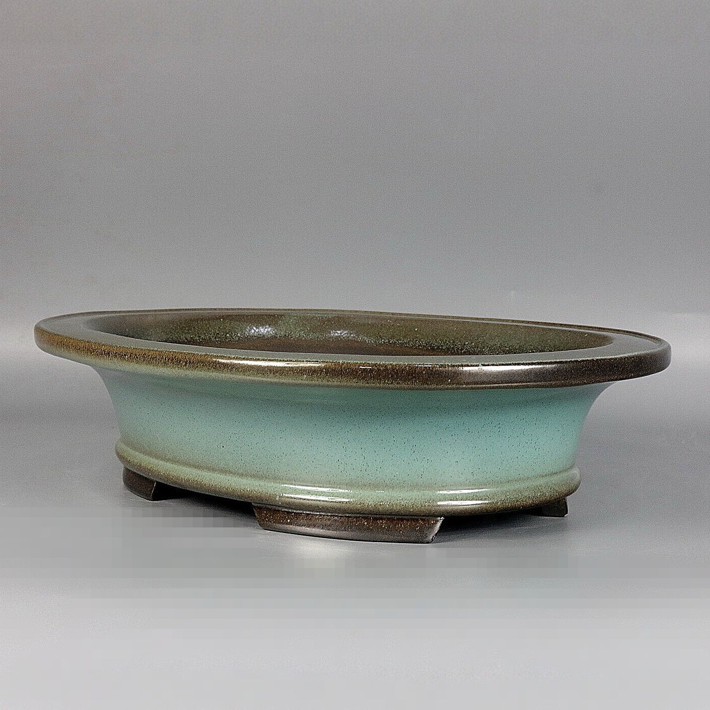 12.4" (31.5cm) Large Oval Green-Brown Dual Tone Glazed Bonsai Pot with Broad Flared Rim