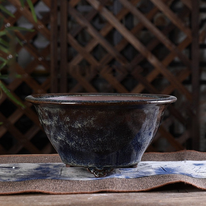 4.1 inch (10.5cm) Deep Flared Round Multi-Tone Glazed Unique Semi-Cascade Bonsai Pot