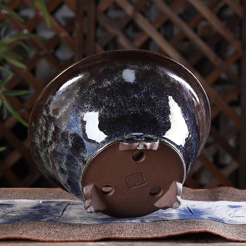4.1 inch (10.5cm) Deep Flared Round Multi-Tone Glazed Unique Semi-Cascade Bonsai Pot Bottom View