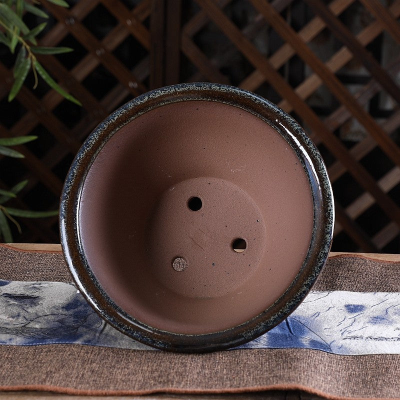 4.1 inch (10.5cm) Deep Flared Round Multi-Tone Glazed Unique Semi-Cascade Bonsai Pot Inner View