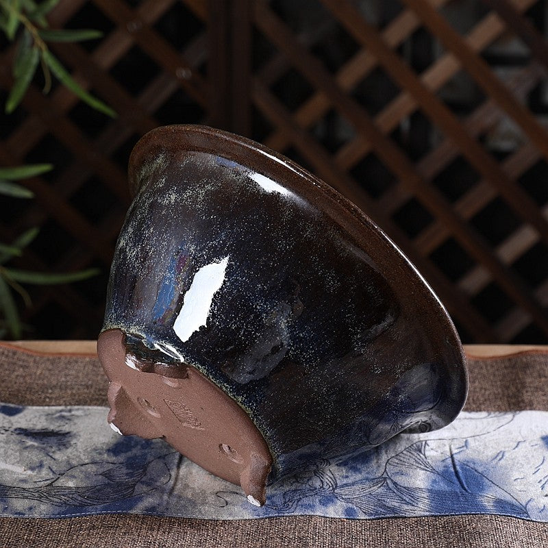 4.1 inch (10.5cm) Deep Flared Round Multi-Tone Glazed Unique Semi-Cascade Bonsai Pot Side View