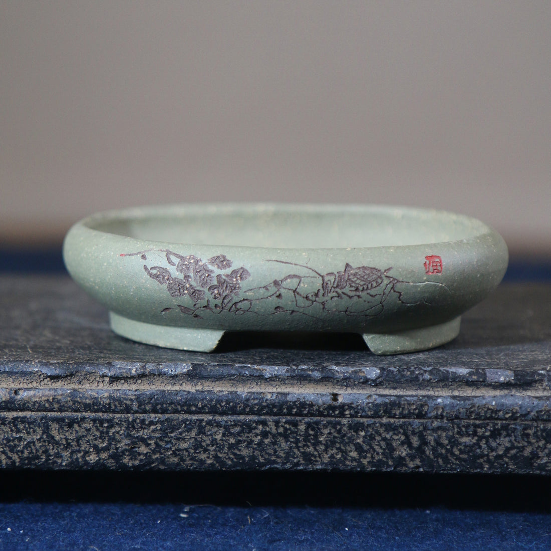 4.1 inch (10.5cm) Extra Small Oval Green Unglazed Shallow Mame Bonsai Pot w Chinese Calligraphy