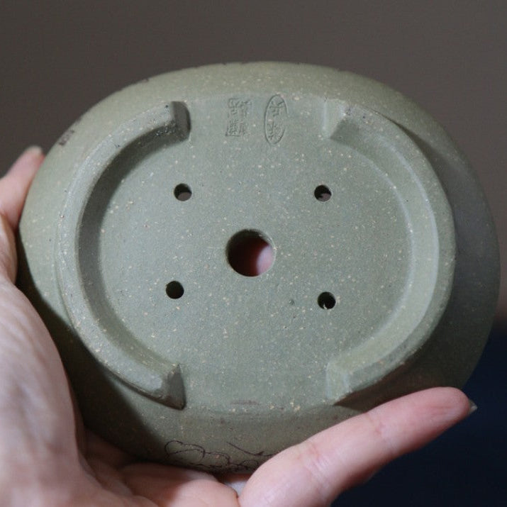 4.1 inch (10.5cm) Extra Small Oval Green Unglazed Shallow Mame Bonsai Pot w Chinese Calligraphy Bottom View