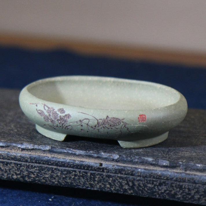 4.1 inch (10.5cm) Extra Small Oval Green Unglazed Shallow Mame Bonsai Pot w Chinese Calligraphy Corner View