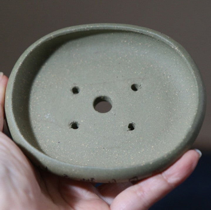 4.1 inch (10.5cm) Extra Small Oval Green Unglazed Shallow Mame Bonsai Pot w Chinese Calligraphy Inner View