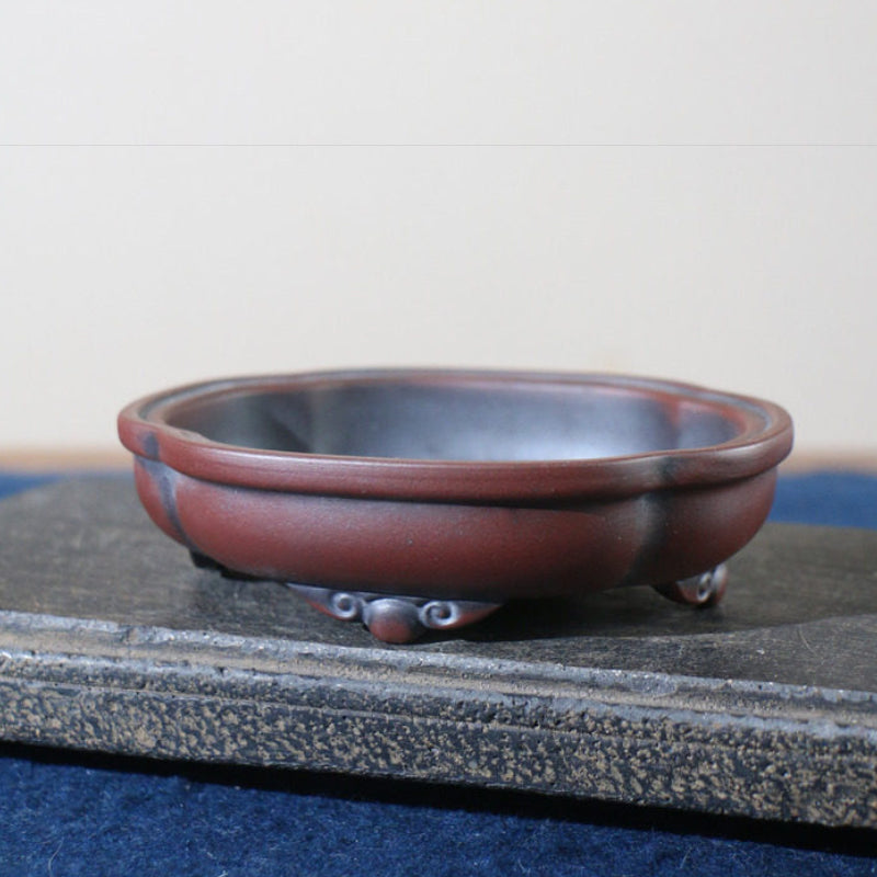 4.2 inch (10.8cm) Lotus-Shaped Gradient Finish Unglazed Shohin Bonsai Pot w Cloud-Style Feet Corner View