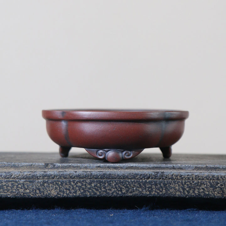 4.2 inch (10.8cm) Lotus-Shaped Gradient Finish Unglazed Shohin Bonsai Pot w Cloud-Style Feet Side View