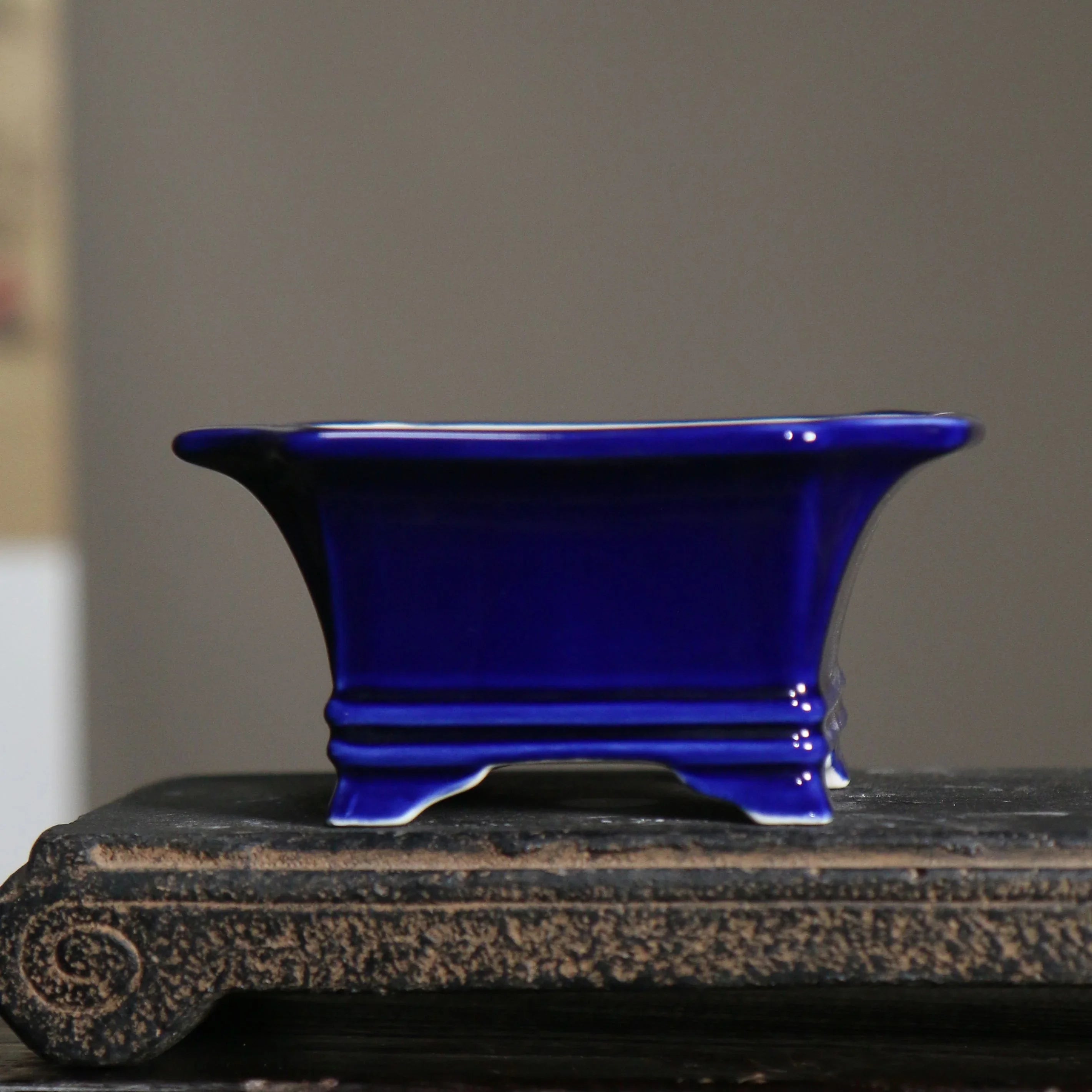 4.3" (11cm) Mini Square Glazed Corner-Cut Bonsai Pots Blue Color