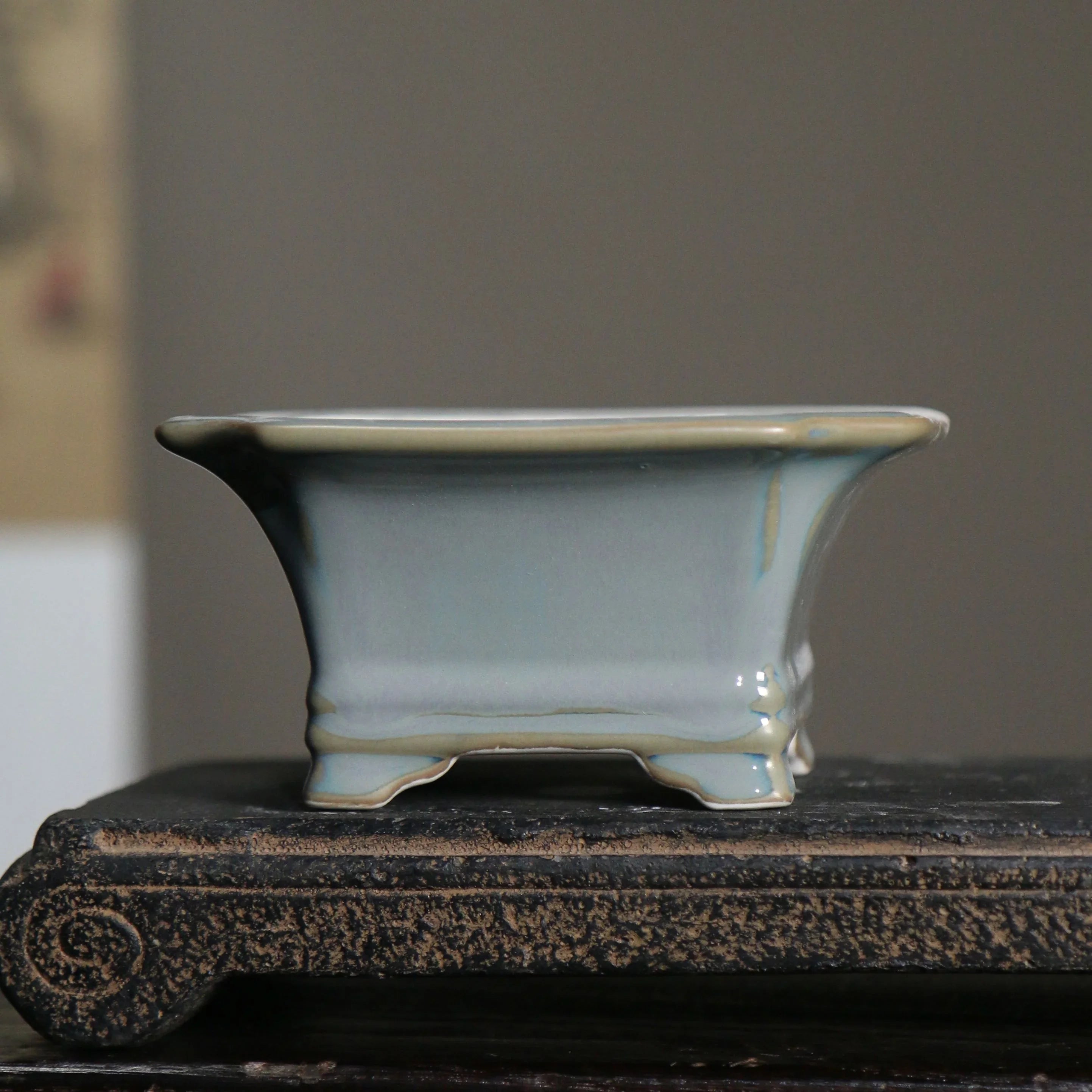 4.3" (11cm) Mini Square Glazed Corner-Cut Bonsai Pots Grey Color