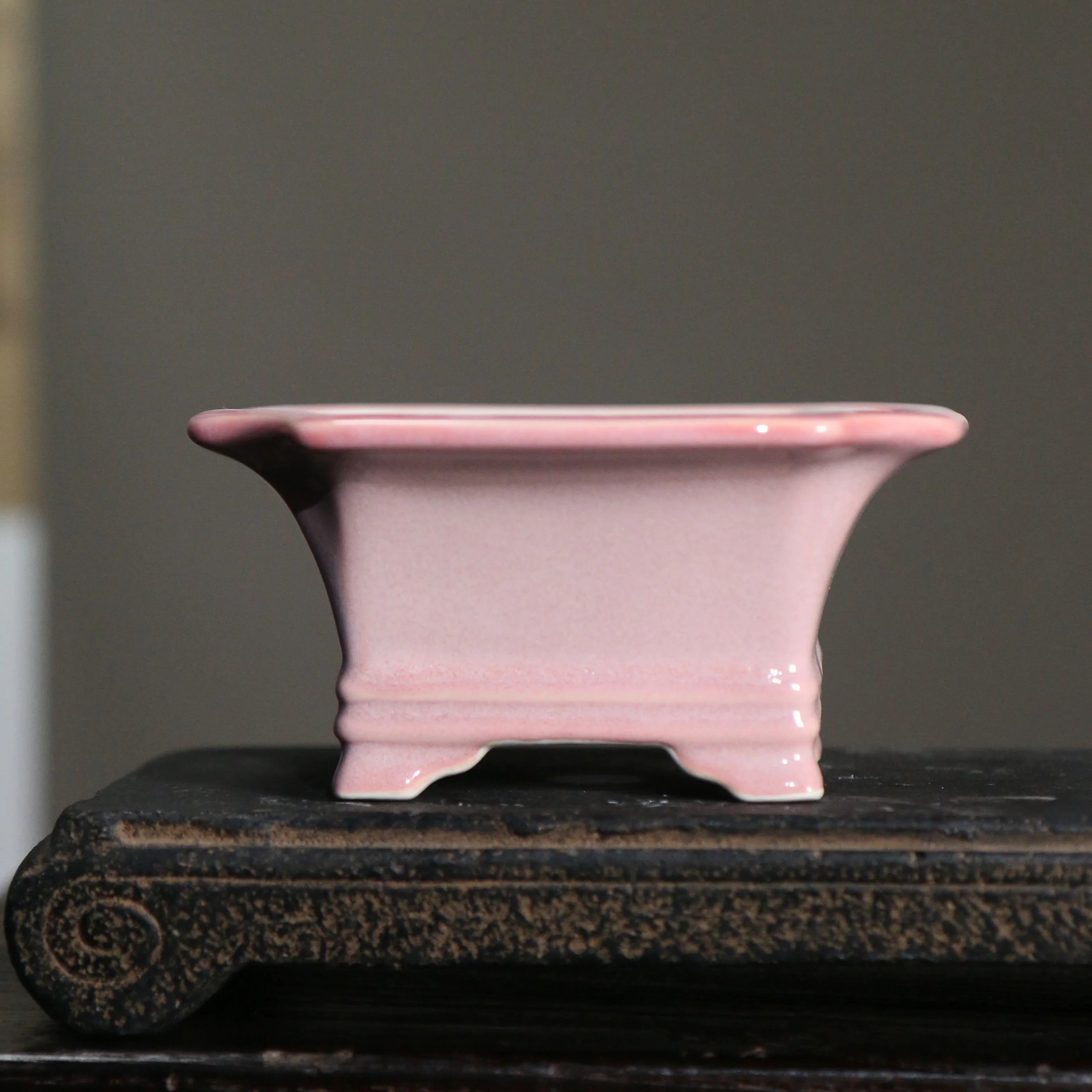 4.3" (11cm) Mini Square Glazed Corner-Cut Bonsai Pots Pink Color