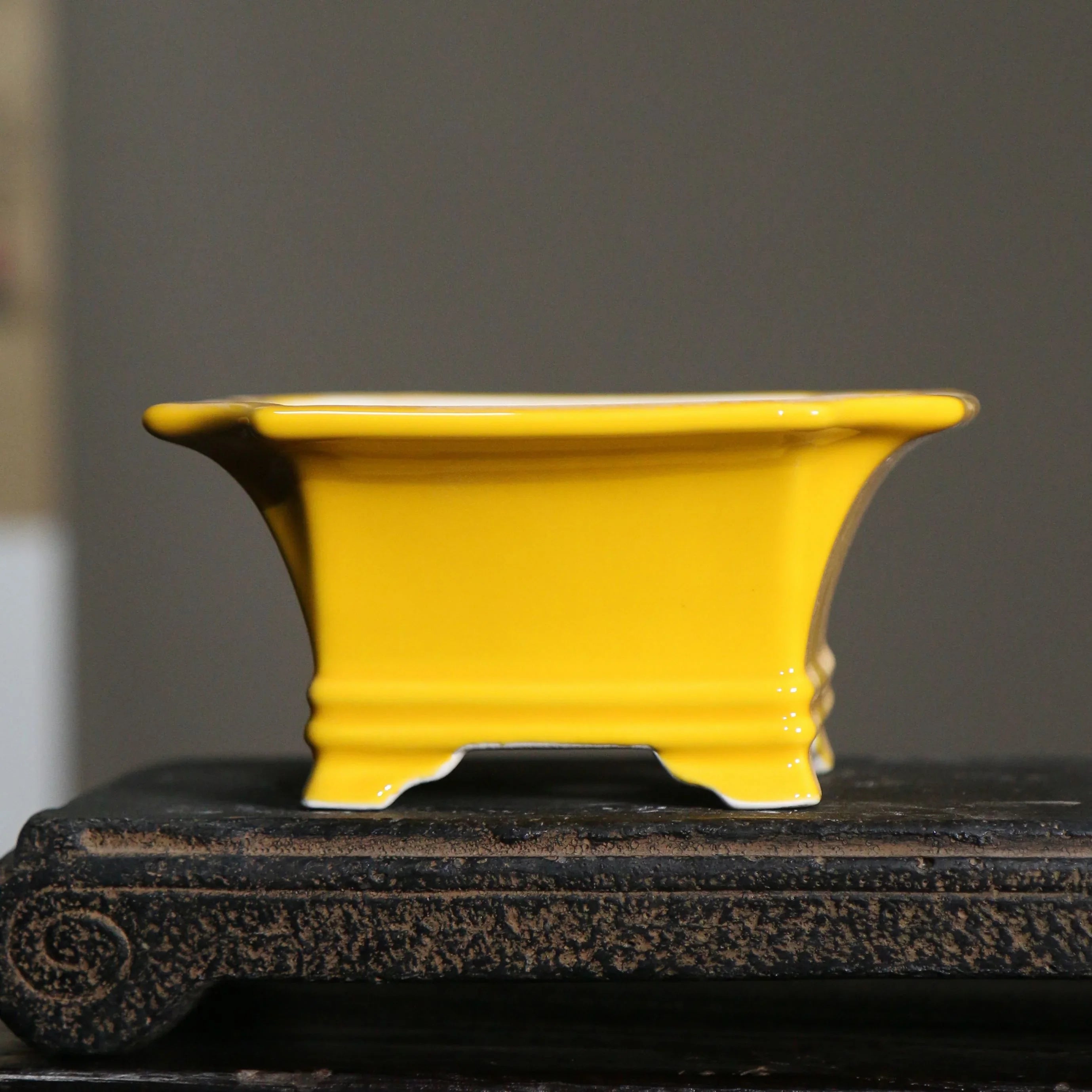 4.3" (11cm) Mini Square Glazed Corner-Cut Bonsai Pots Yellow Color