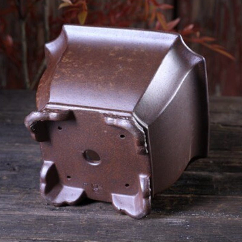 4.3 Inch (11cm) Deep Flared Corner-Cut Square Wood-Fired Unglazed Bonsai Pot Bottom View