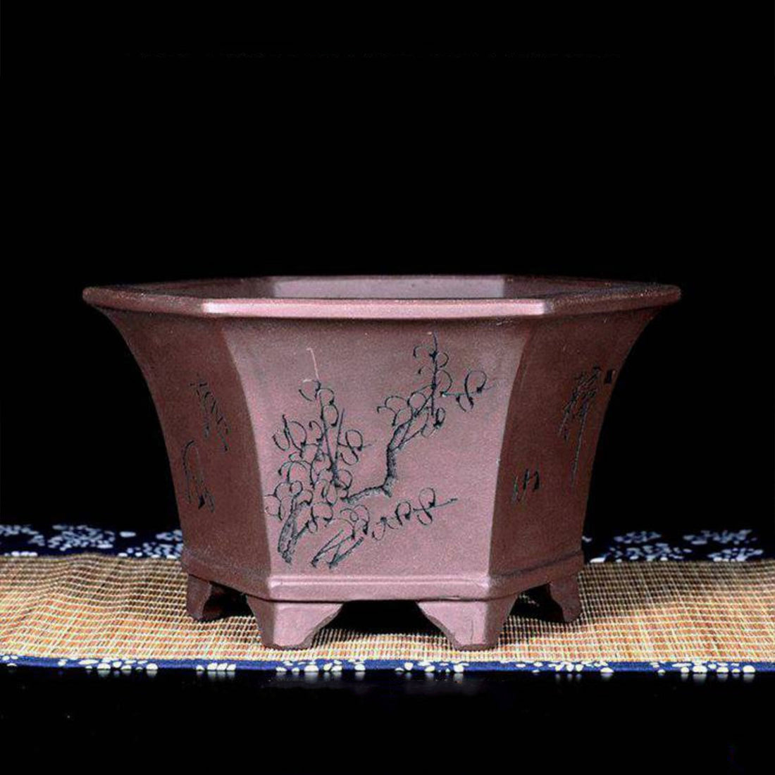 4.3 inch (11cm) Deep Flared Hexagonal Semi Cascade Bonsai Pot w Floral Engravings