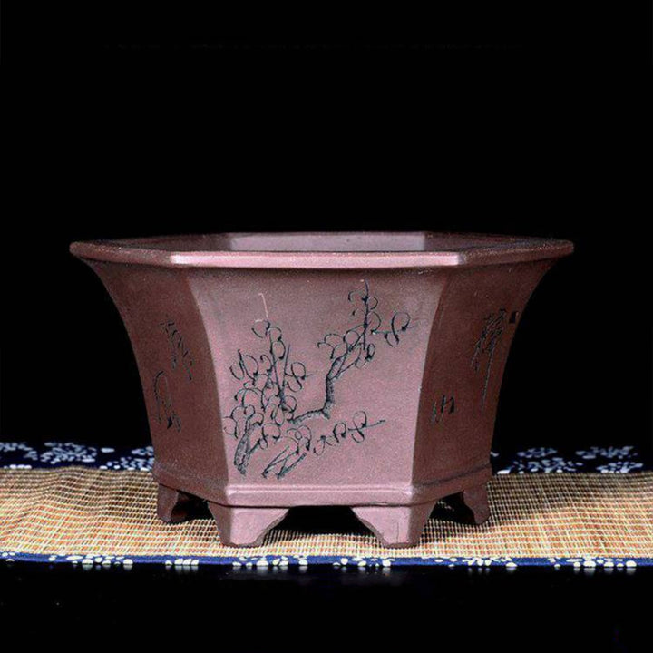 4.3 inch (11cm) Deep Flared Hexagonal Semi Cascade Bonsai Pot w Floral Engravings