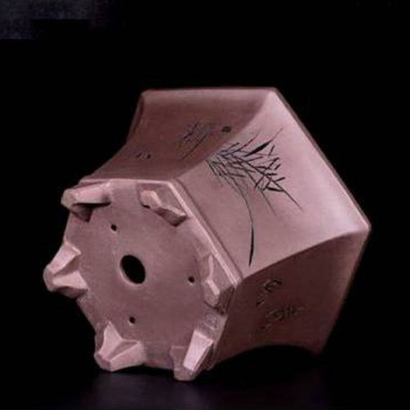 4.3 inch (11cm) Deep Flared Hexagonal Semi Cascade Bonsai Pot w Floral Engravings Bottom View