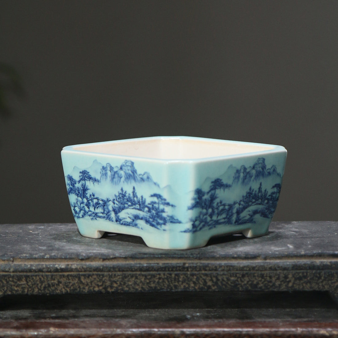 4.4" (11.2cm) Small Square Hand-Painted Bonsai Pots Corner View