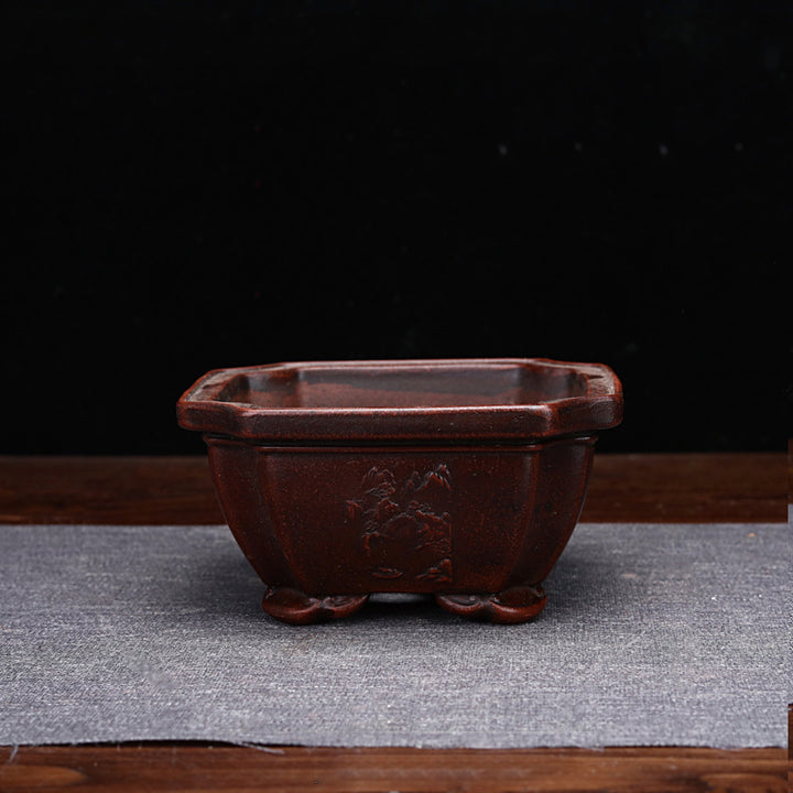 4.4 inch (11.2cm) Small Square Corner-Cut Vintage Style Ceramic Unglazed Bonsai Pot