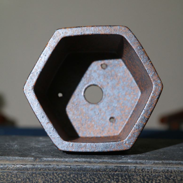 4.5" (11.5cm) Small Rustic Hexagonal Handmade Square Bonsai Pot Inner View