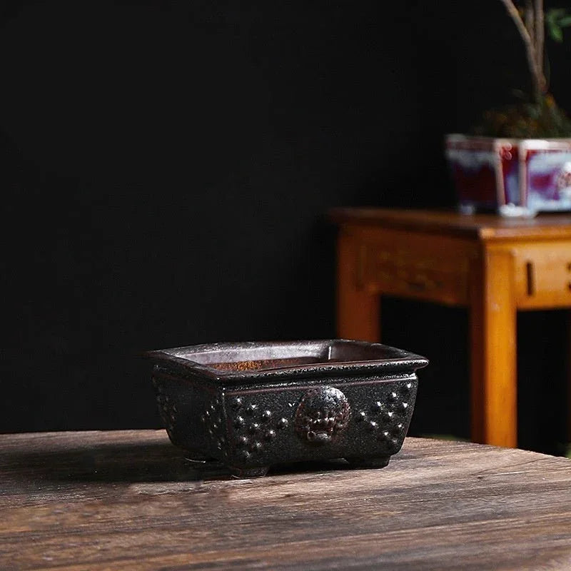 4.7" (12cm) Small Square Glazed Bonsai Pot w Studded Lion Face Design Black Color