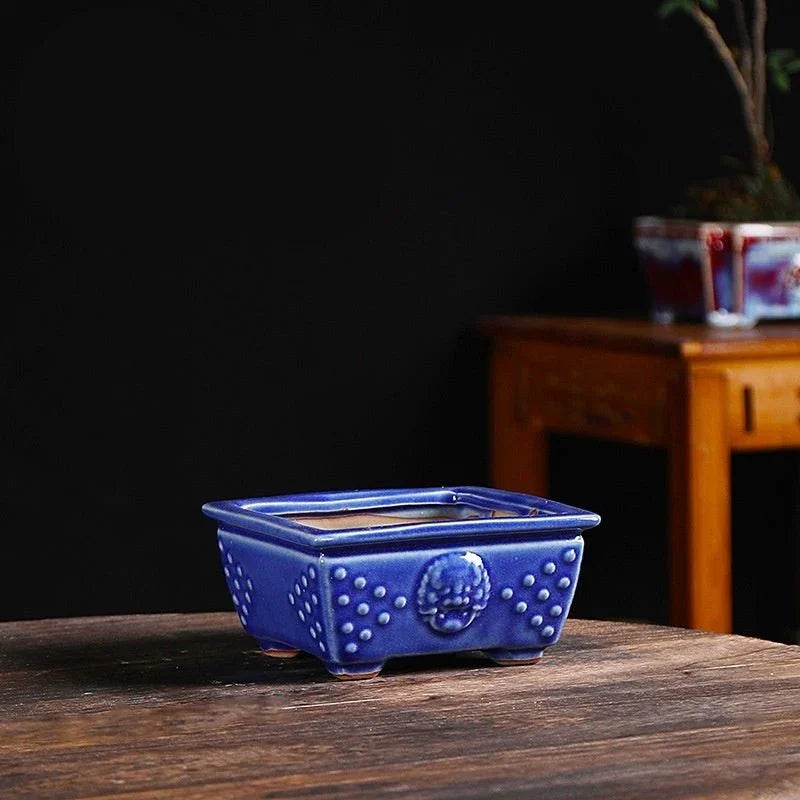 4.7" (12cm) Small Square Glazed Bonsai Pot w Studded Lion Face Design Blue Color