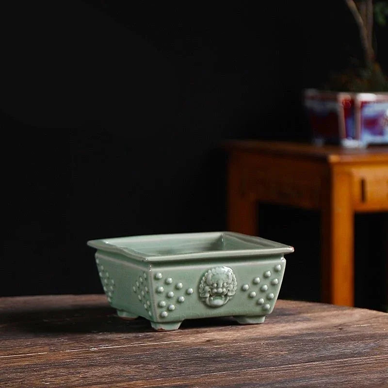 4.7" (12cm) Small Square Glazed Bonsai Pot w Studded Lion Face Design Green Color