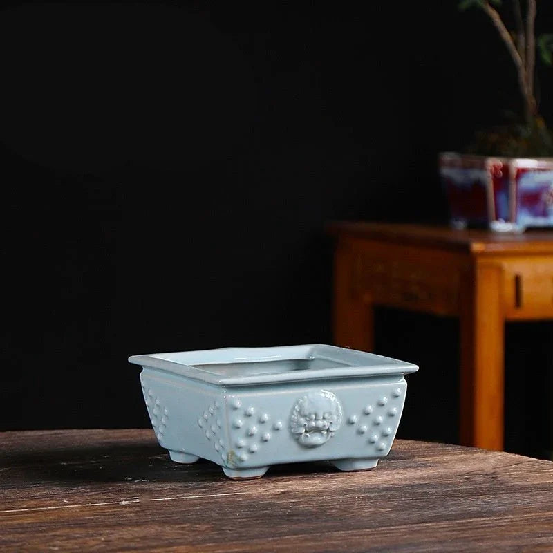 4.7" (12cm) Small Square Glazed Bonsai Pot w Studded Lion Face Design Sky Blue Color