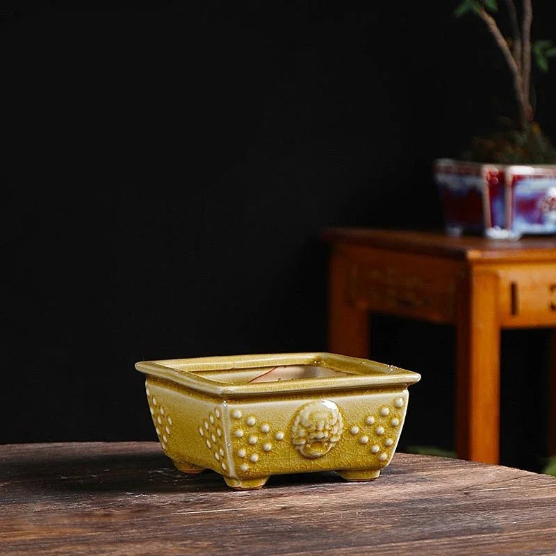 4.7" (12cm) Small Square Glazed Bonsai Pot w Studded Lion Face Design Yellow Color