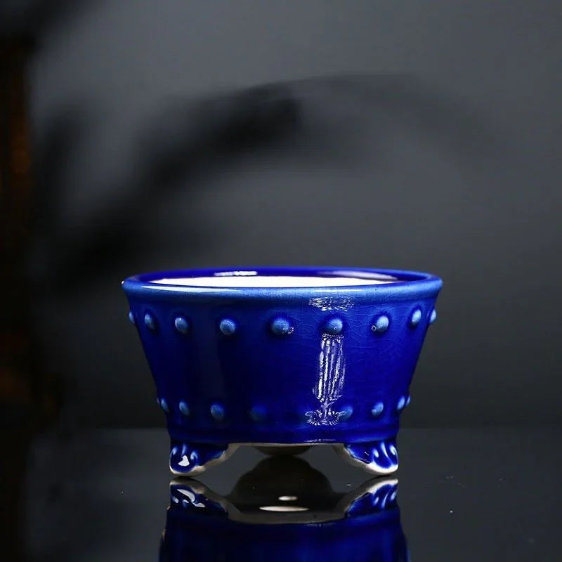 4.9" (12.5cm) Small Round Flared Studded Cracked Glaze Bonsai Pots Blue Color