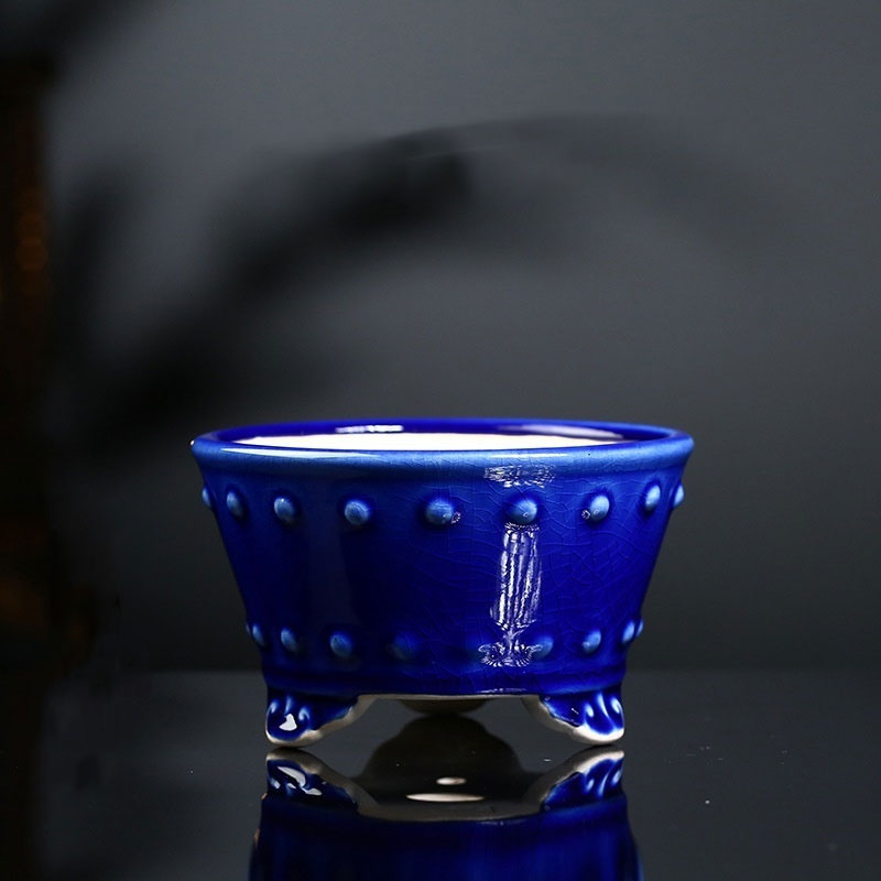 4.9" (12.5cm) Small Round Flared Studded Cracked Glaze Bonsai Pots Blue Color