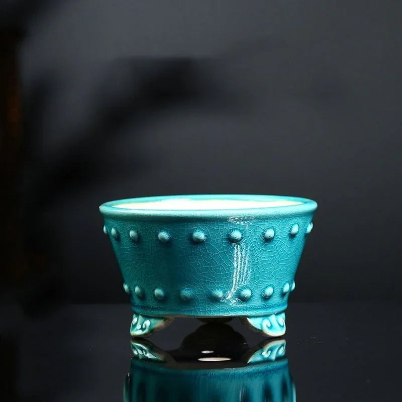 4.9" (12.5cm) Small Round Flared Studded Cracked Glaze Bonsai Pots Green Color