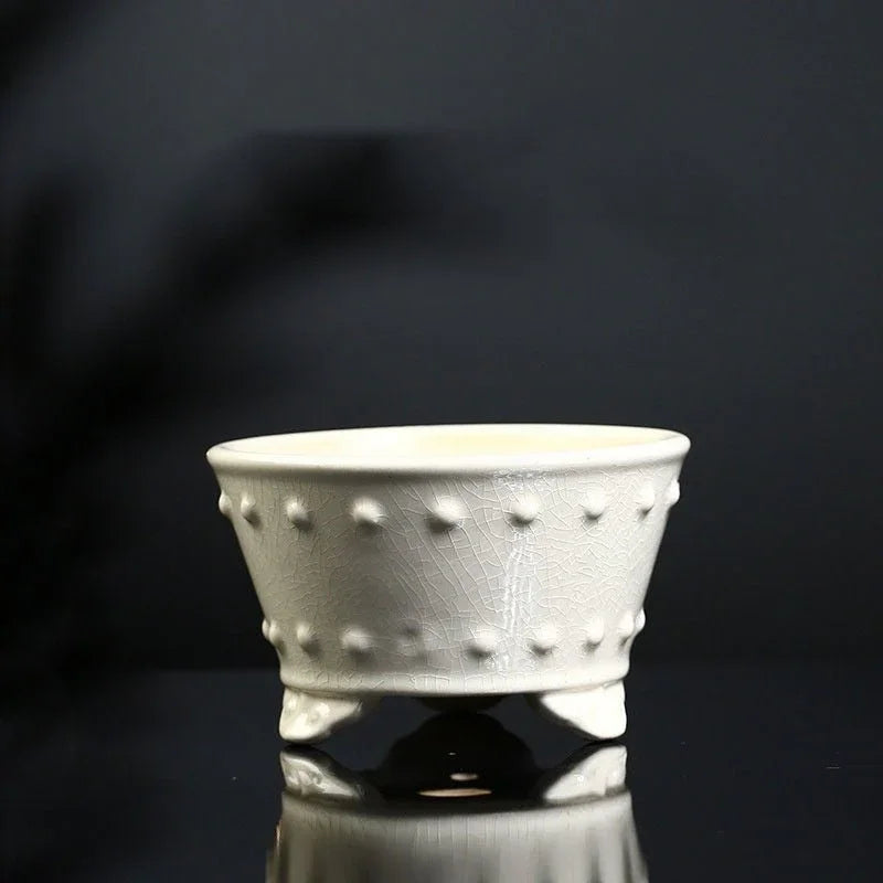 4.9" (12.5cm) Small Round Flared Studded Cracked Glaze Bonsai Pots White Color