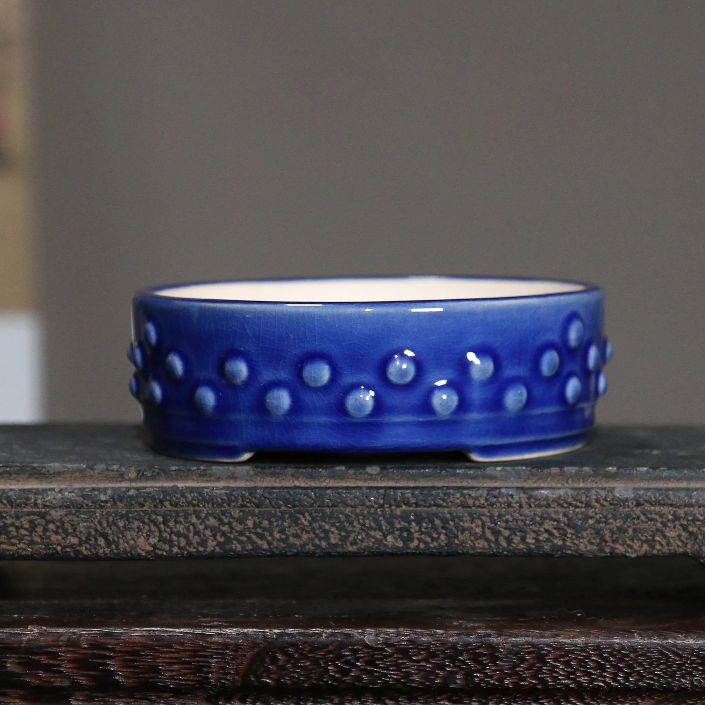 4.9" (12.5cm) Small Round Studded Drum Glazed Bonsai Pots Dark Blue Color