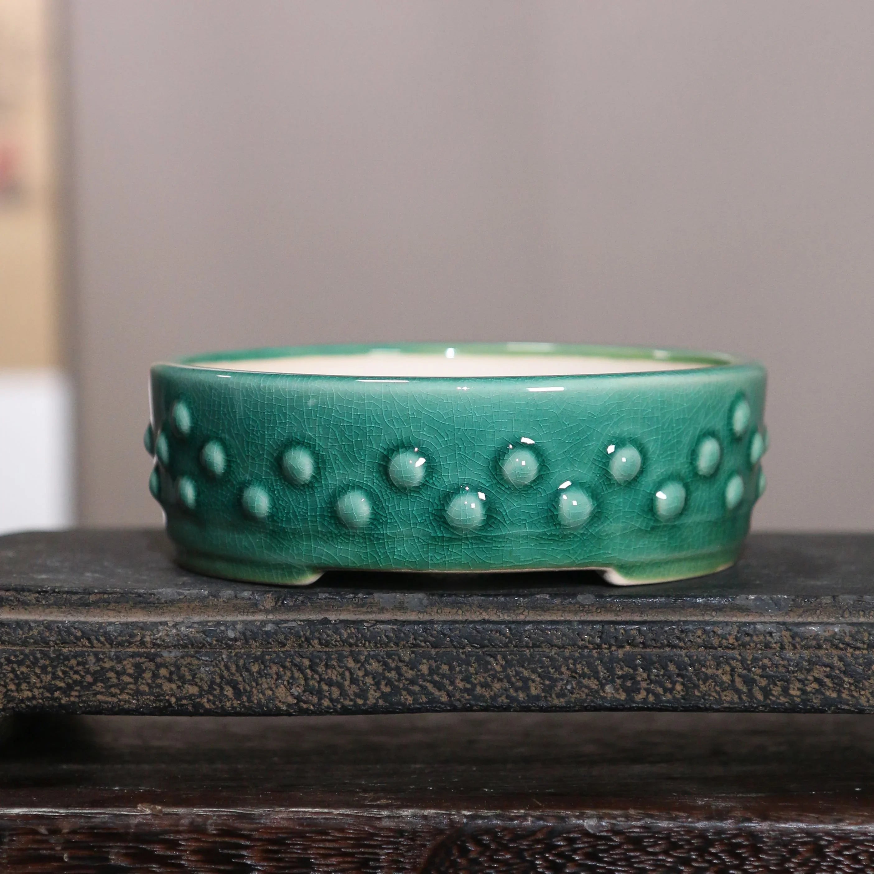 4.9" (12.5cm) Small Round Studded Drum Glazed Bonsai Pots Green Color