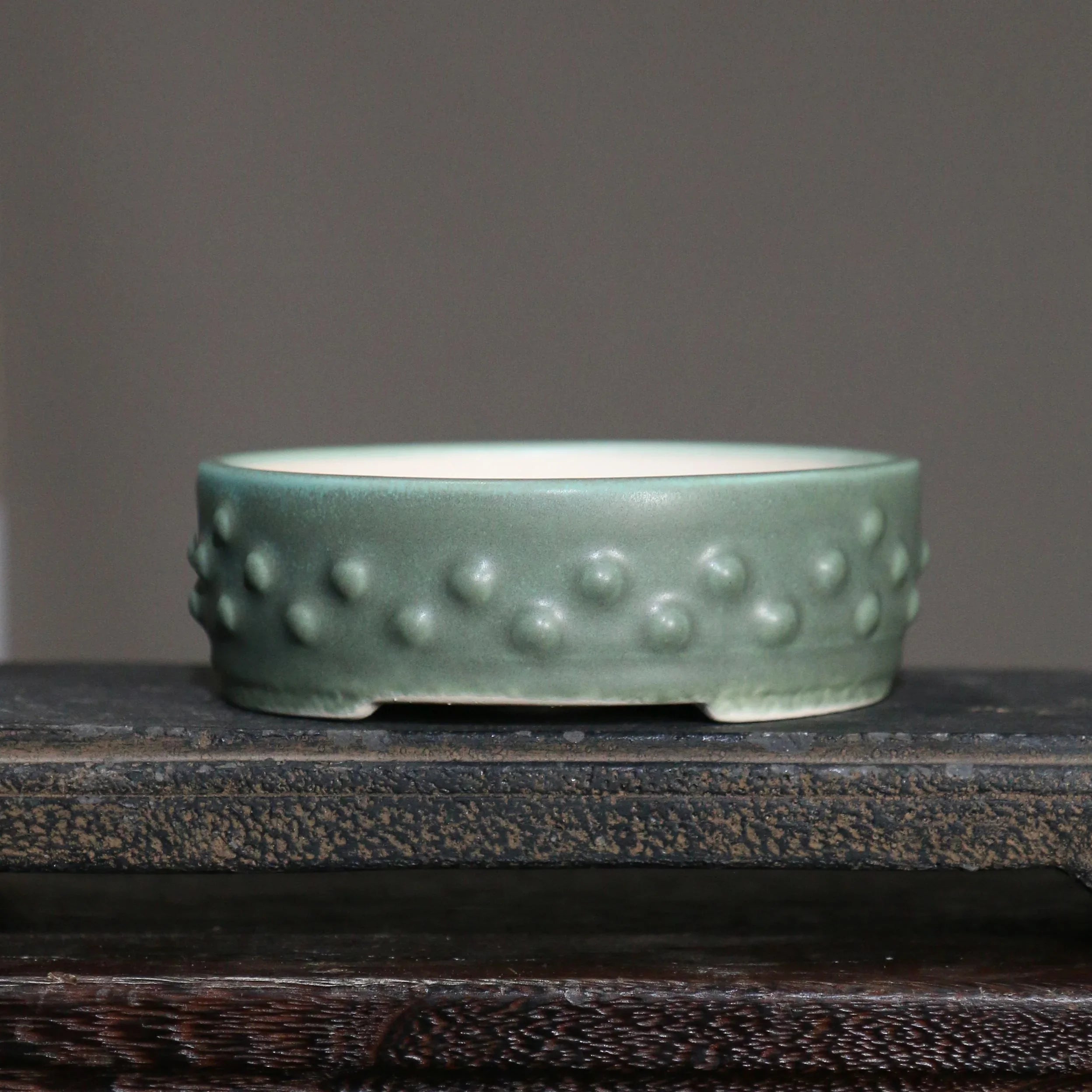 4.9" (12.5cm) Small Round Studded Drum Glazed Bonsai Pots Matte Green Color