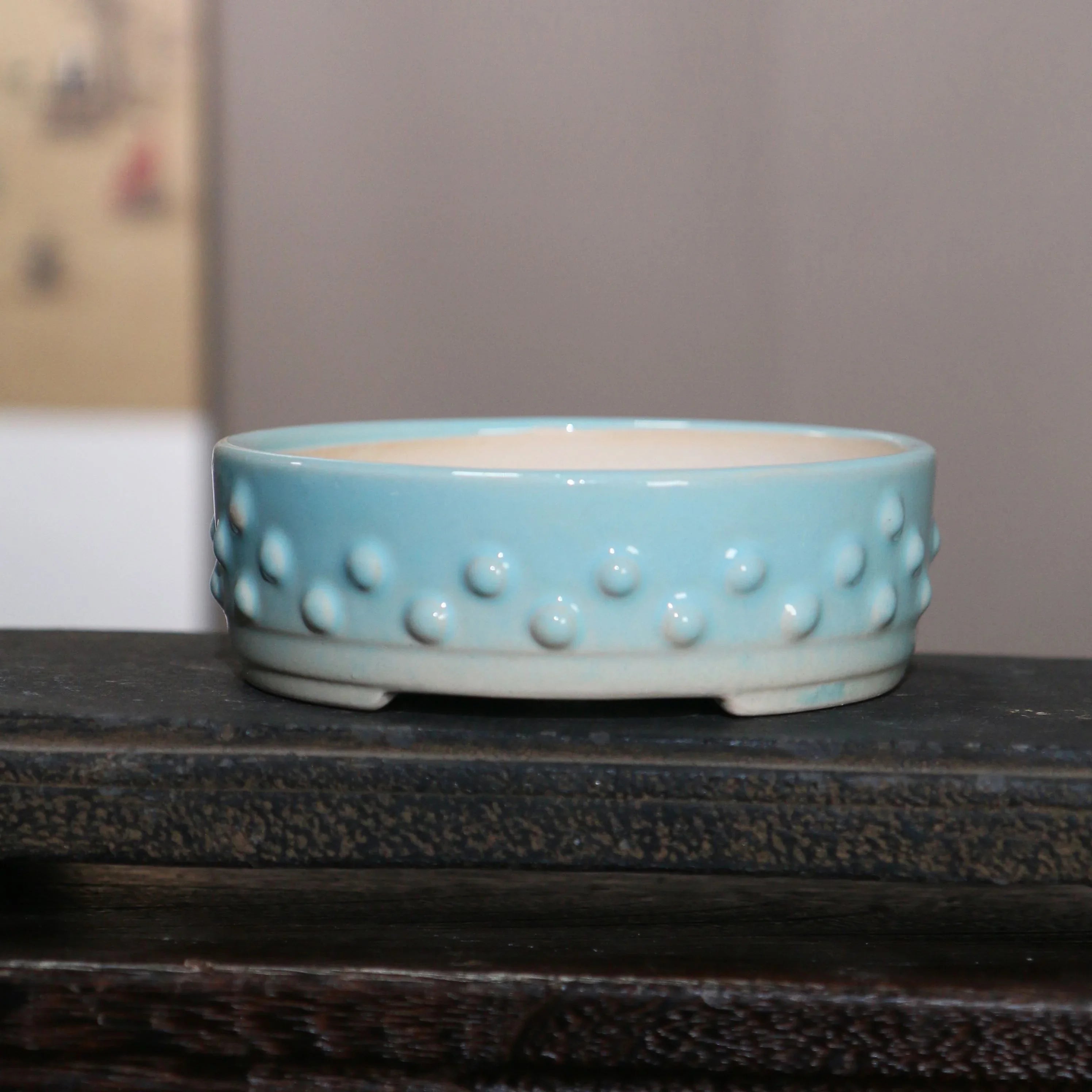4.9" (12.5cm) Small Round Studded Drum Glazed Bonsai Pots Sky Blue Color