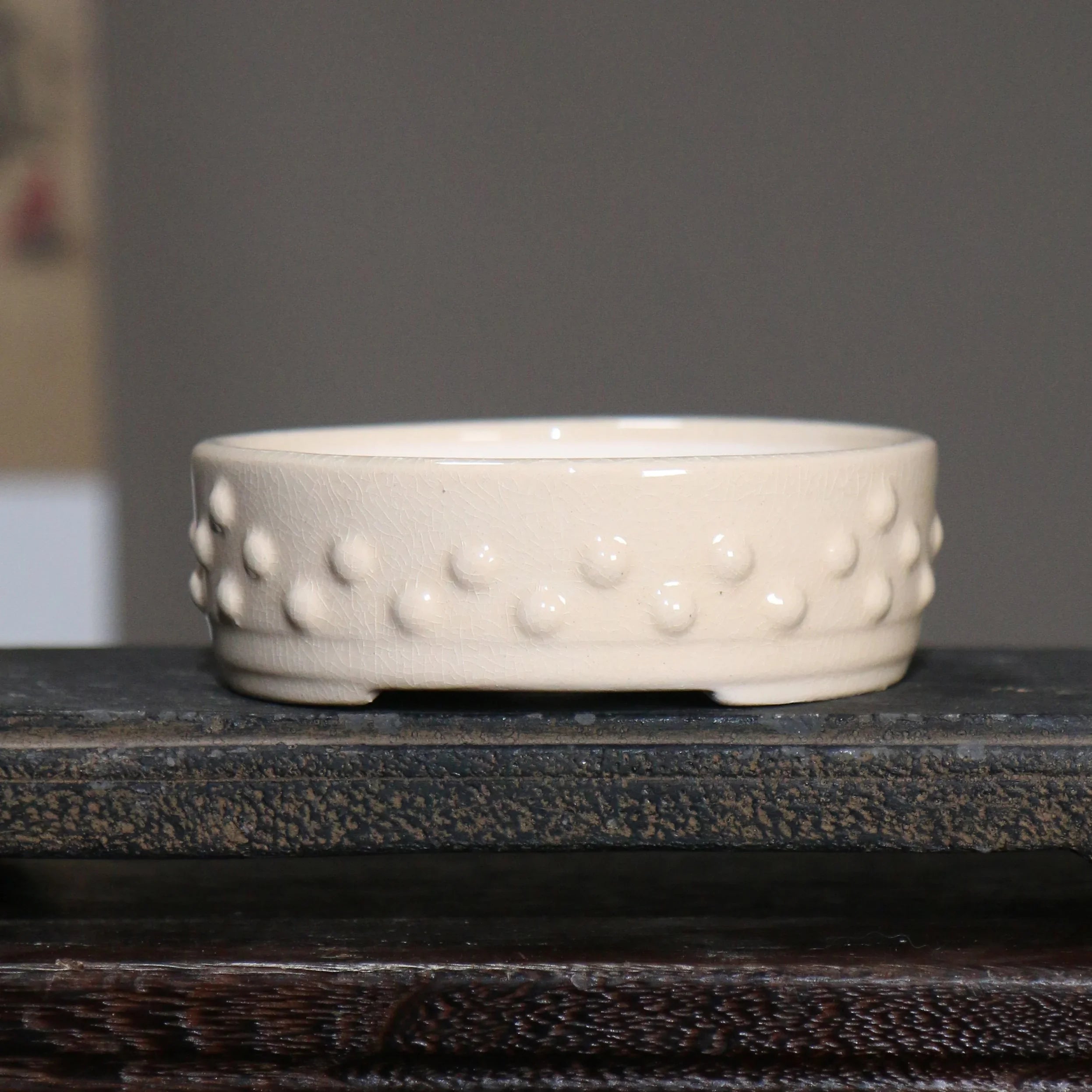 4.9" (12.5cm) Small Round Studded Drum Glazed Bonsai Pots White Color