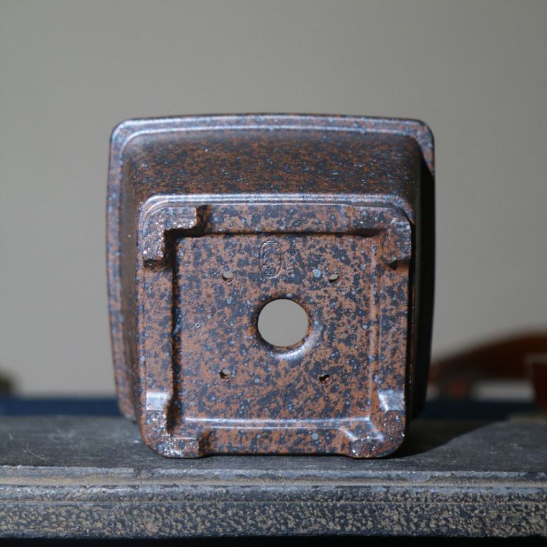 4.9" (12.5cm) Small Rustic Handmade Square Dark Brown Bonsai Pot Bottom View