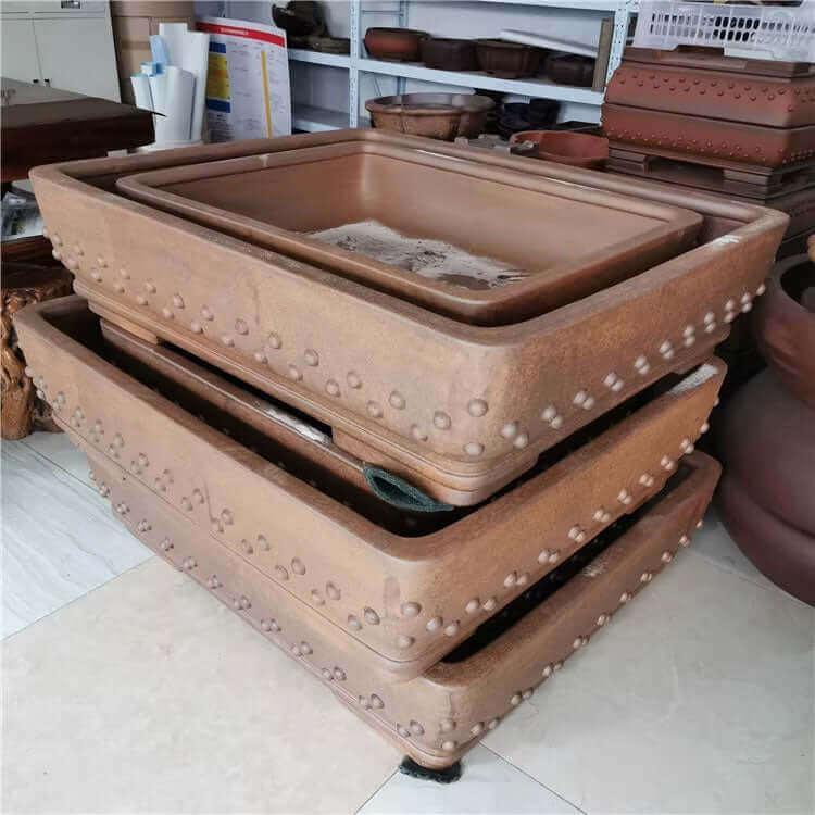 42.1 inch (107cm) Extra Large Rectangular Bonsai Pot w Bold Studded Detailing Corner View