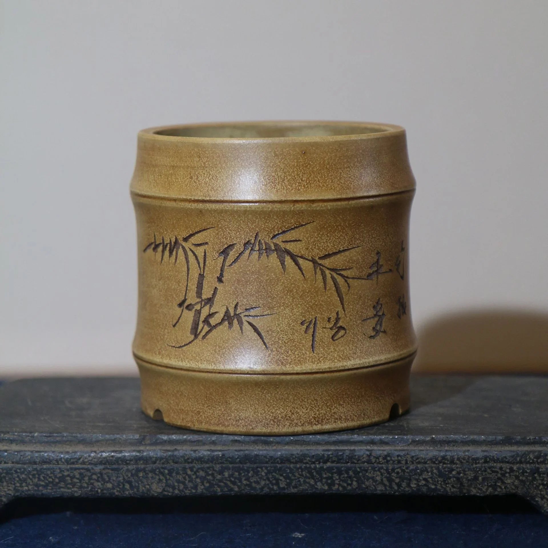 4" (10.3cm) Small Bamboo-Like Handmade Round Bonsai Pots Beige Color