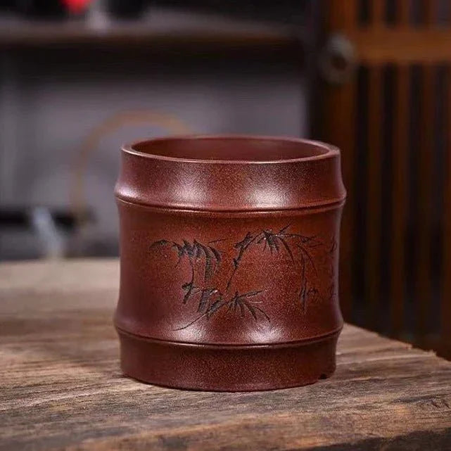 4" (10.3cm) Small Bamboo-Like Handmade Round Bonsai Pots Brown Color