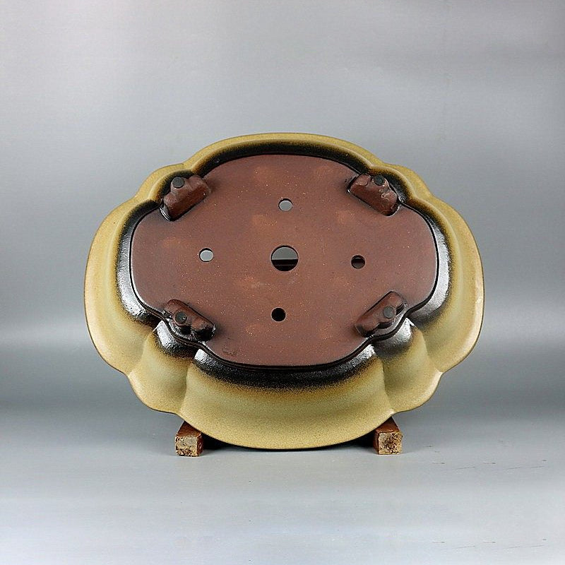16.3 inch (41.5cm) Large Lotus Shaped Yellow-Brown Dual Tone Glaze Bonsai Pot Bottom View